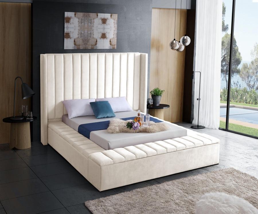 Meridian Furniture - Kiki Velvet Queen Bed In Cream - Kikicream-Q