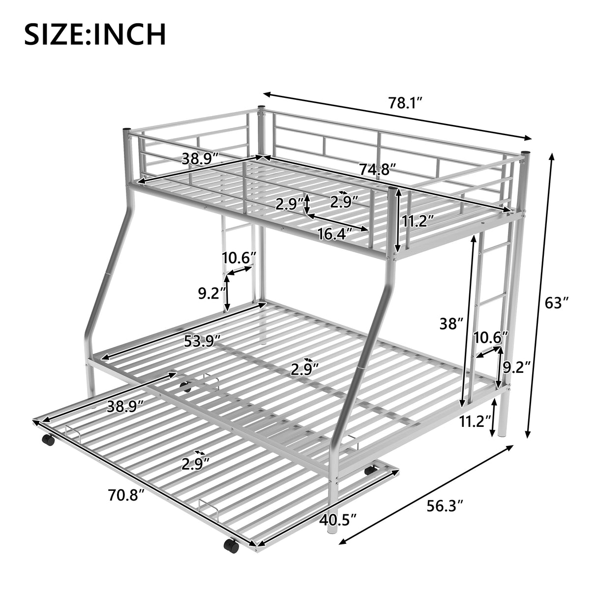 Twin over Full Bed with Sturdy Steel Frame, Bunk Bed with Twin Size Trundle, Two-Side Ladders, Silver(OLD SKU:MF194424AAN) - Home Elegance USA