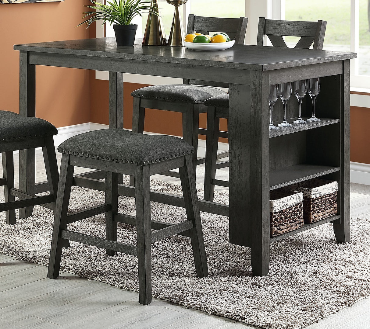 Modern Dark Brown Finish 5pc Counter Height High Dining Table w Storage Shelves High Chairs And Stools Wooden Kitchen Breakfast Table Dining Room Furniture - Home Elegance USA