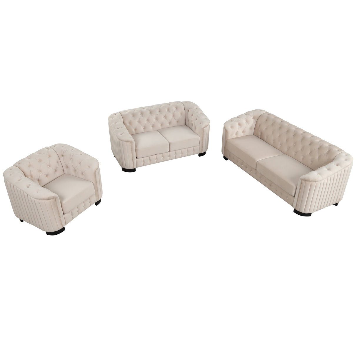 Modern 3-Piece Sofa Sets with Rubber Wood Legs,Velvet Upholstered Couches Sets Including Three Seat Sofa, Loveseat and Single Chair for Living Room Furniture Set,Beige Home Elegance USA