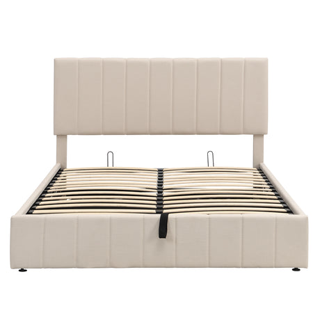 Queen size Upholstered Platform bed with a Hydraulic Storage System - Beige - Home Elegance USA