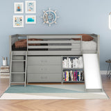 Low Loft Bed with Attached Bookcases and Separate 3-tier Drawers,Convertible Ladder and Slide,Twin,Gray - Home Elegance USA