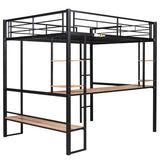 Full Size Loft Metal&MDF Bed with Long Desk and Shelves,Black - Home Elegance USA