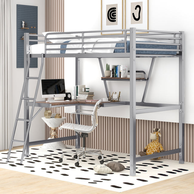 Twin Size Loft Metal&MDF Bed with Desk and Shelf, Silver (Old SKU:SM001105AAN-1) - Home Elegance USA