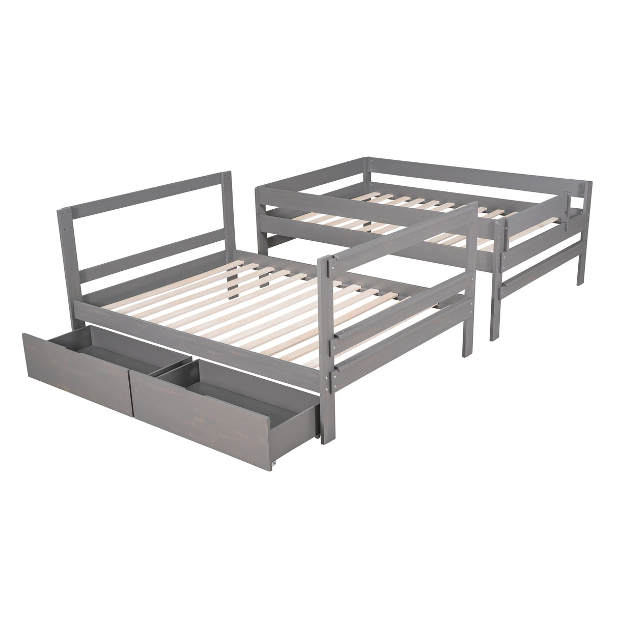 Full over Full Wood Bunk Bed with 2 Drawers, Gray - Home Elegance USA