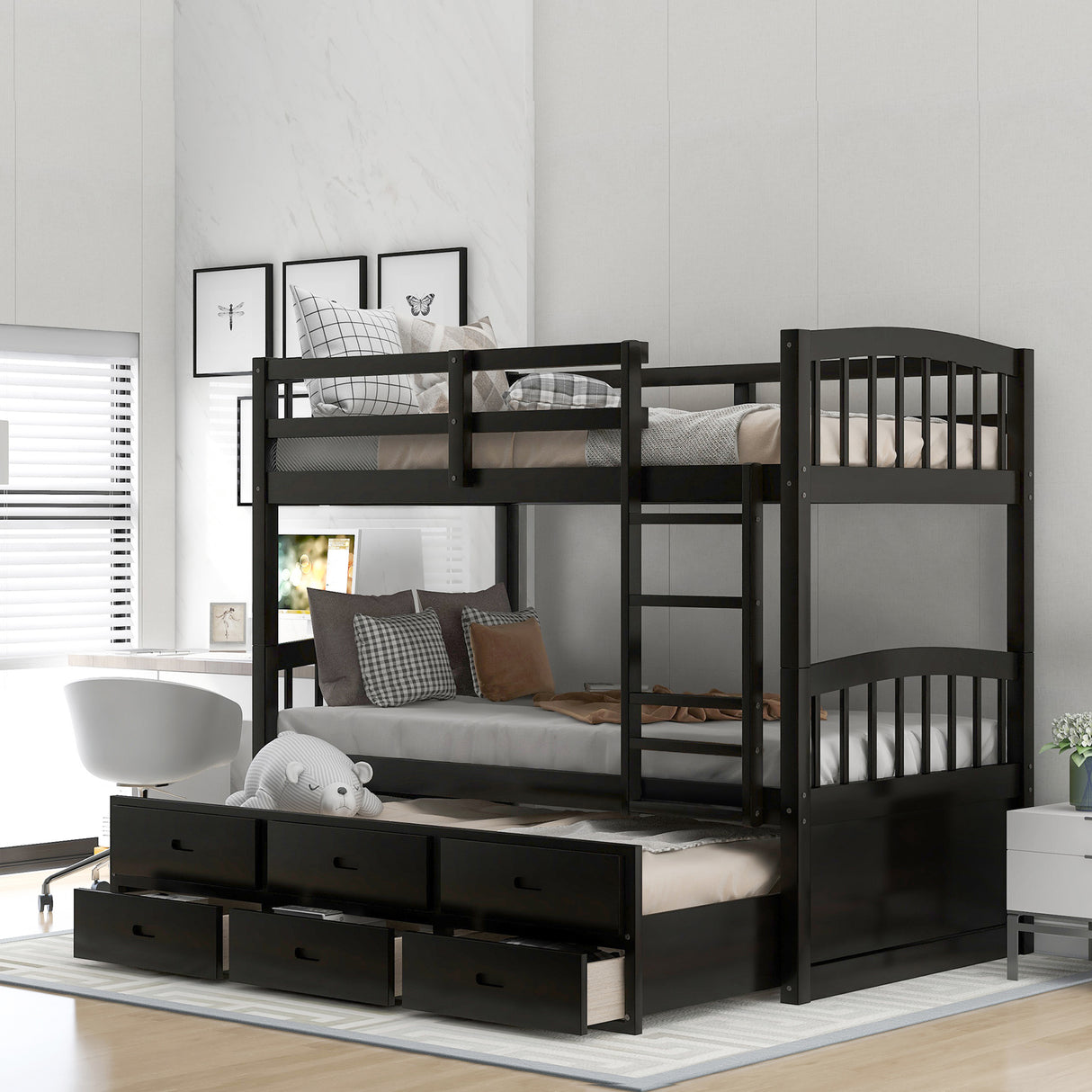 Twin over Twin Wood Bunk Bed with Trundle and Drawers, Espresso - Home Elegance USA