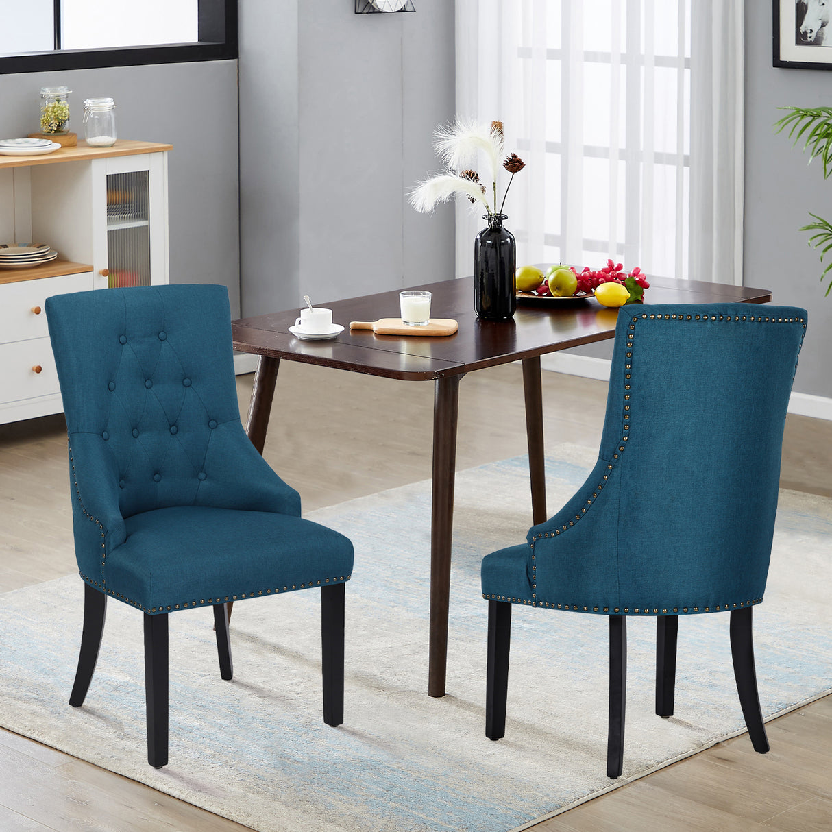 Vanbow.Linen simple and fashionable wooden chair leg single-back chair, rivet reinforcement is applicable to bedroom, living room and office (Blue+Linen)Double bags