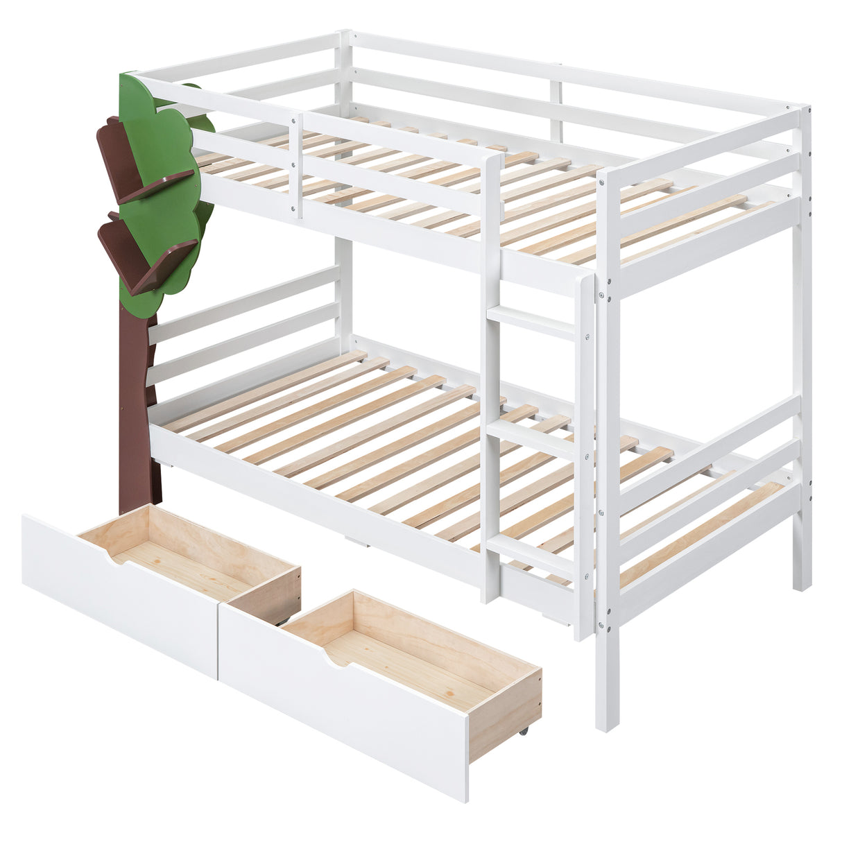 Twin-Over-Twin Bunk Bed with  a Tree Decor and Two Storage Drawers, White - Home Elegance USA