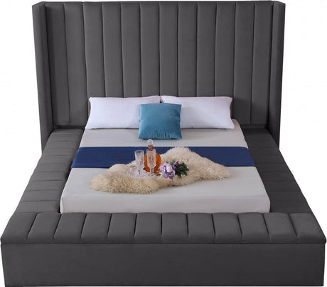 Meridian Furniture - Kiki Velvet Queen Bed In Grey - Kikigrey-Q