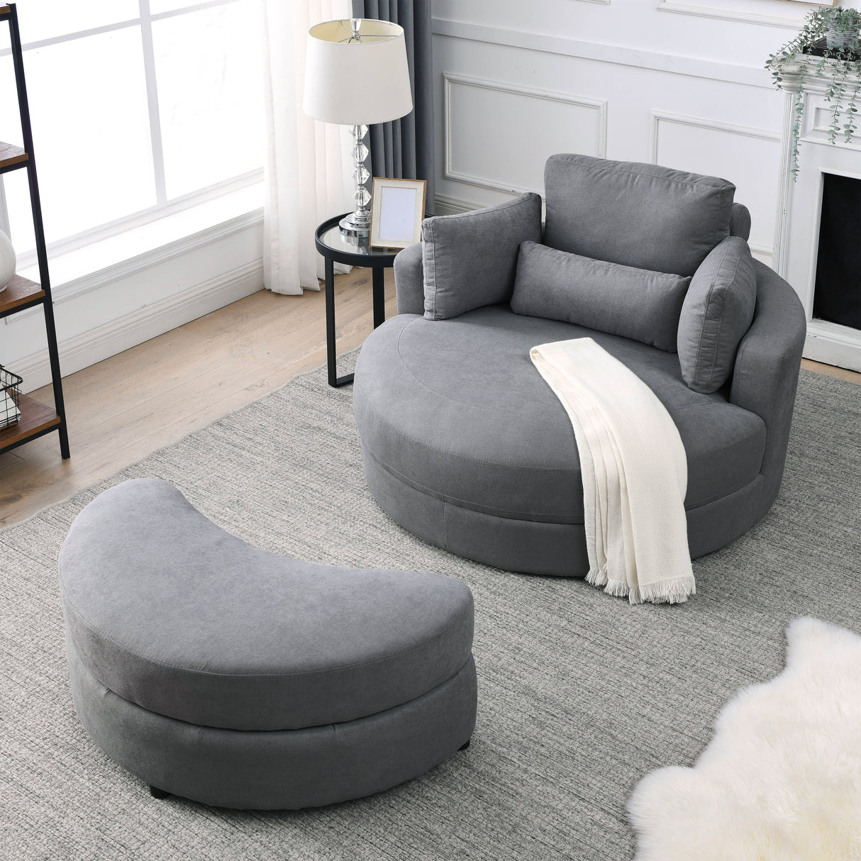 [Video] Welike Swivel Accent Barrel Modern Dark Grey Sofa Lounge Club Big Round Chair with Storage Ottoman Linen Fabric for Living Room Hotel with Pillows Home Elegance USA