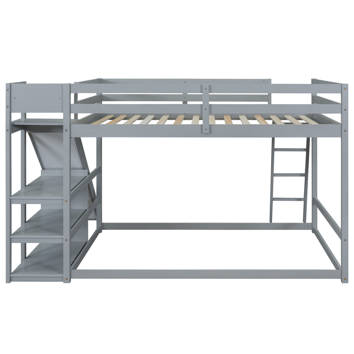 Full over Full Bunk Bed with Ladder, Slide and Shelves, Gray - Home Elegance USA