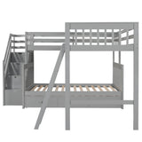 Twin over Full L-Shaped Bunk Bed With 3 Drawers, Ladder and Staircase - Gray - Home Elegance USA