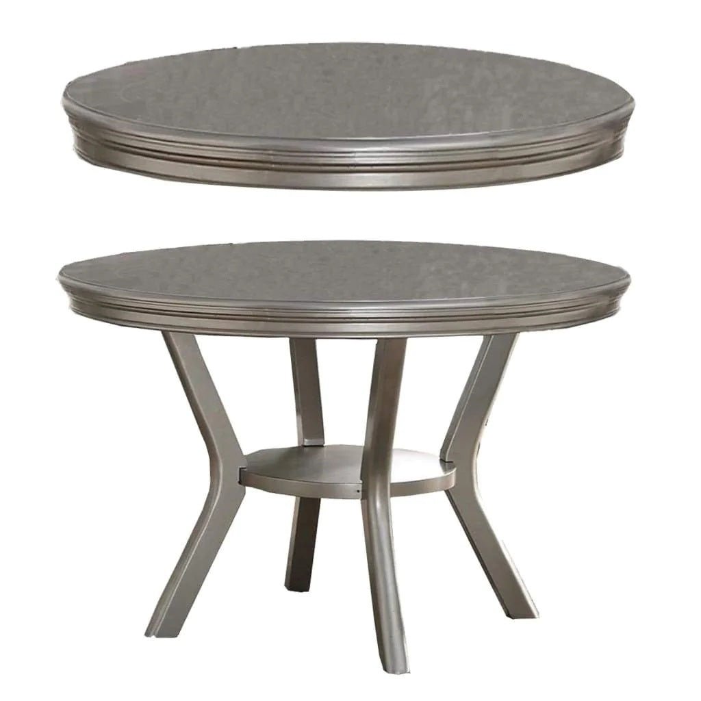 Formal Traditional Dining Table Round Table Silver Hue 5pc Dining Table w Shelf 4x Side Chairs Tufted Back Dining Room Furniture - Home Elegance USA