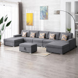 Nolan Gray Linen Fabric 6Pc Double Chaise Sectional Sofa with Interchangeable Legs, Storage Ottoman, and Pillows - Home Elegance USA