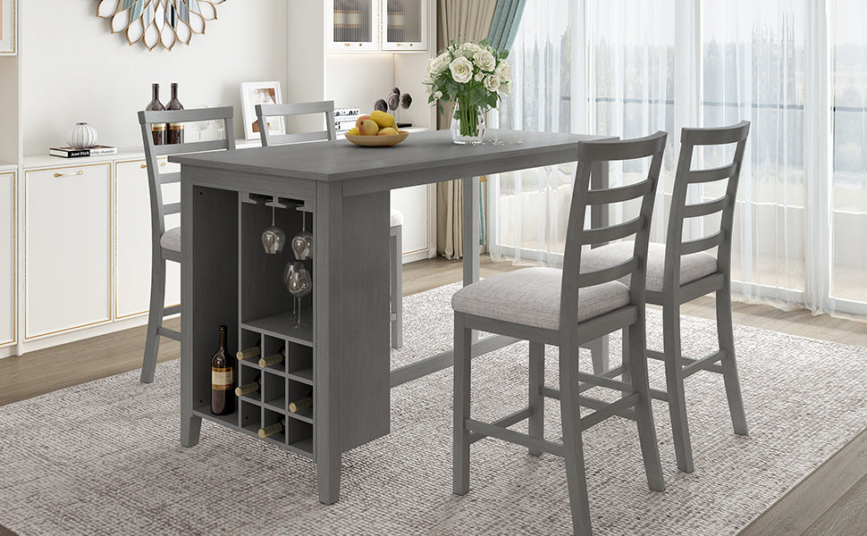 TREXM 5-Piece Multi-Functional Rubber Wood Counter Height Dining Set with Padded Chairs and Integrated 9 Bar Wine Compartment, Wineglass Holders for Dining Room (Gray) - Home Elegance USA