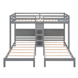 Twin XL over Twin&Twin Bunk Bed with Built-in Four Shelves and Ladder,Gray - Home Elegance USA