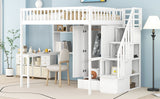 Full size Loft Bed with Bookshelf,Drawers,Desk,and Wardrobe-White - Home Elegance USA