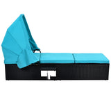 TOPMAX 76.8" Long Reclining Single Chaise Lounge with Cushions,Canopy and Cup Table, Black Wicker+Blue Cushion