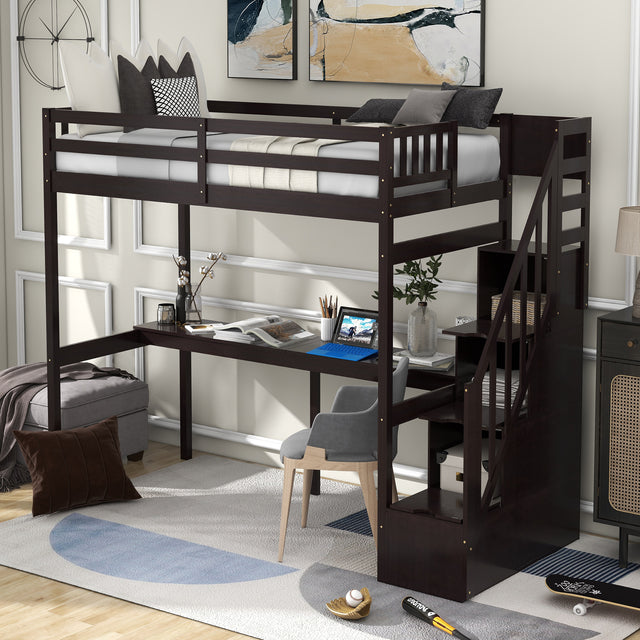 Twin Size Loft Bed with Storage Staircase and Built-in Desk, Espresso (Old SKU:GX000903AAP) - Home Elegance USA