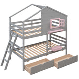Twin over Twin Bunk Bed with 2 Drawers, 1 Storage Box, 1 Shelf, Window and Roof-Gray(OLD SKU:LT000608AAE) - Home Elegance USA