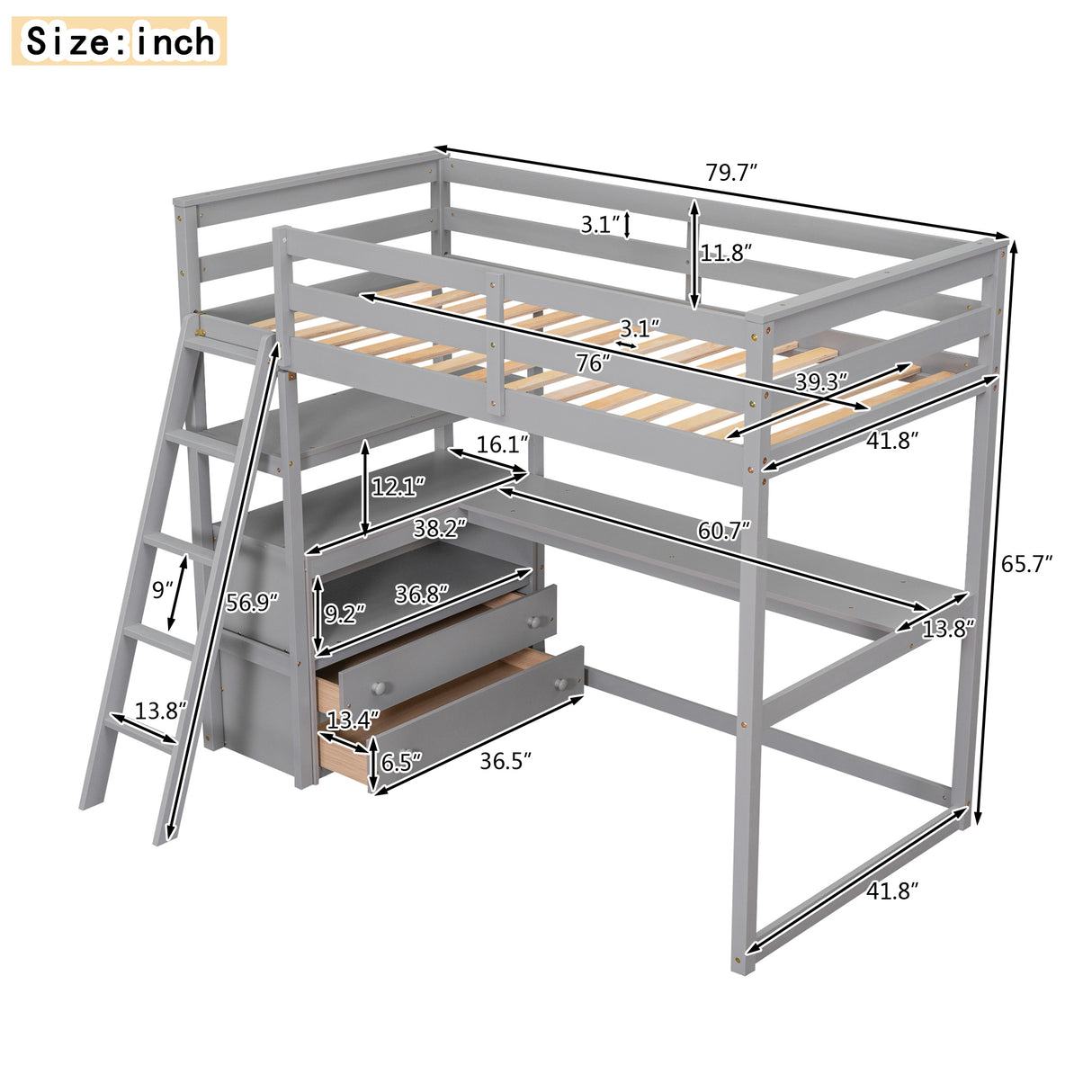 Twin Size Loft Bed with Desk and Shelves, Two Built-in Drawers, Gray(old SKU: GX000803AAE-1） - Home Elegance USA