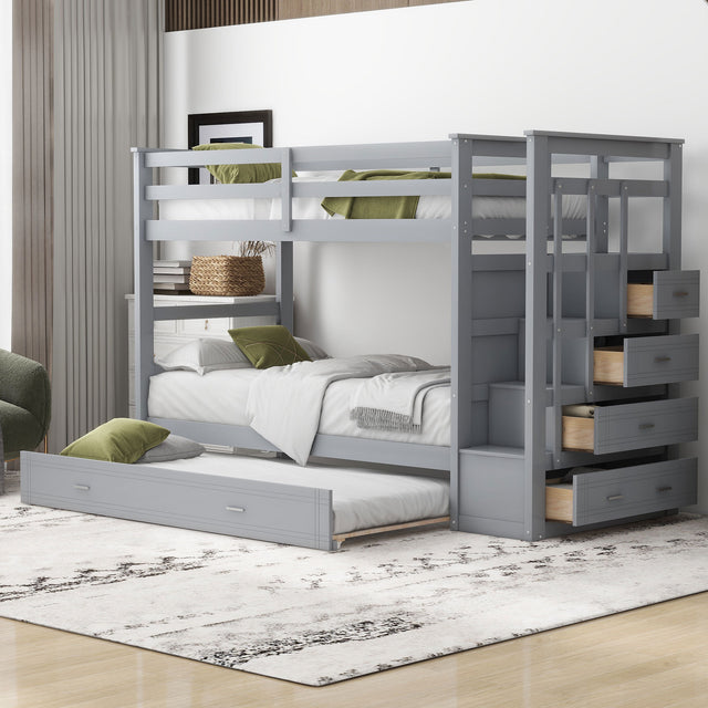 Twin Over Twin Bunk Bed with Trundle and Staircase,Gray(OLD SKU:LT000068AAE) - Home Elegance USA