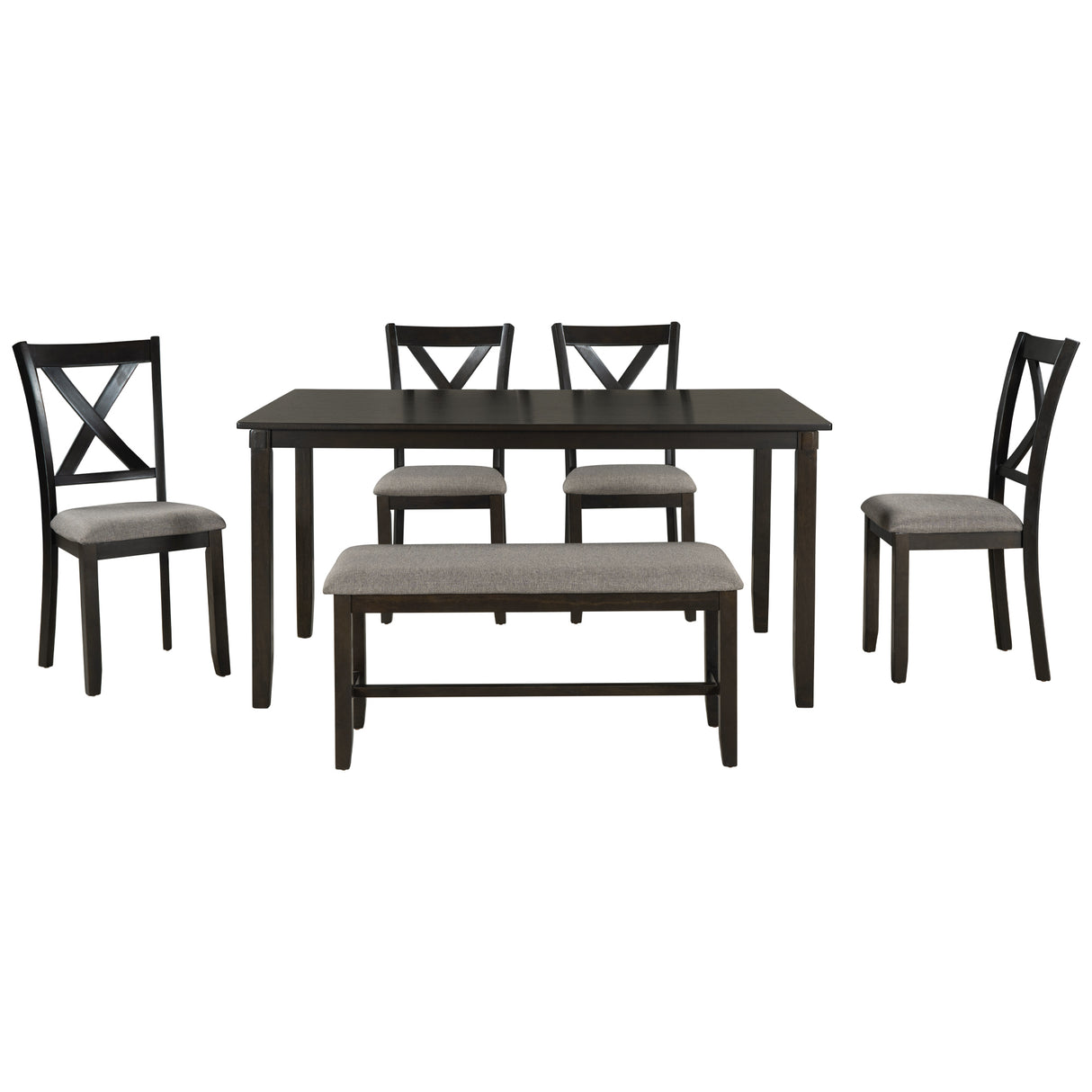 TREXM 6-Piece Kitchen Dining Table Set Wooden Rectangular Dining Table, 4 Fabric Chairs and Bench Family Furniture (Espresso) - Home Elegance USA