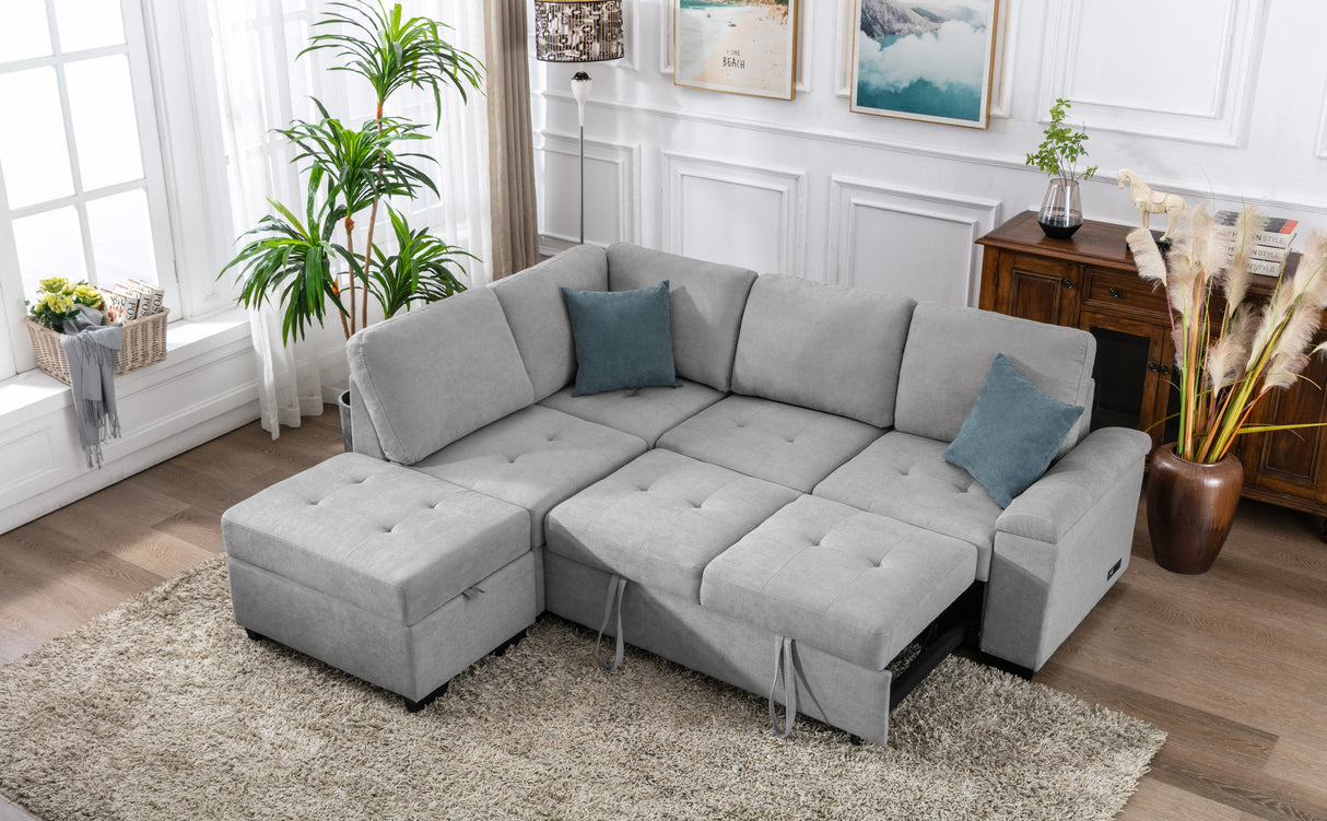 Sleeper Sectional Sofa, L-Shape Corner Couch Sofa-Bed with Storage Ottoman & Hidden Arm Storage & USB Charge  for Living Room Apartment, Gray - Home Elegance USA
