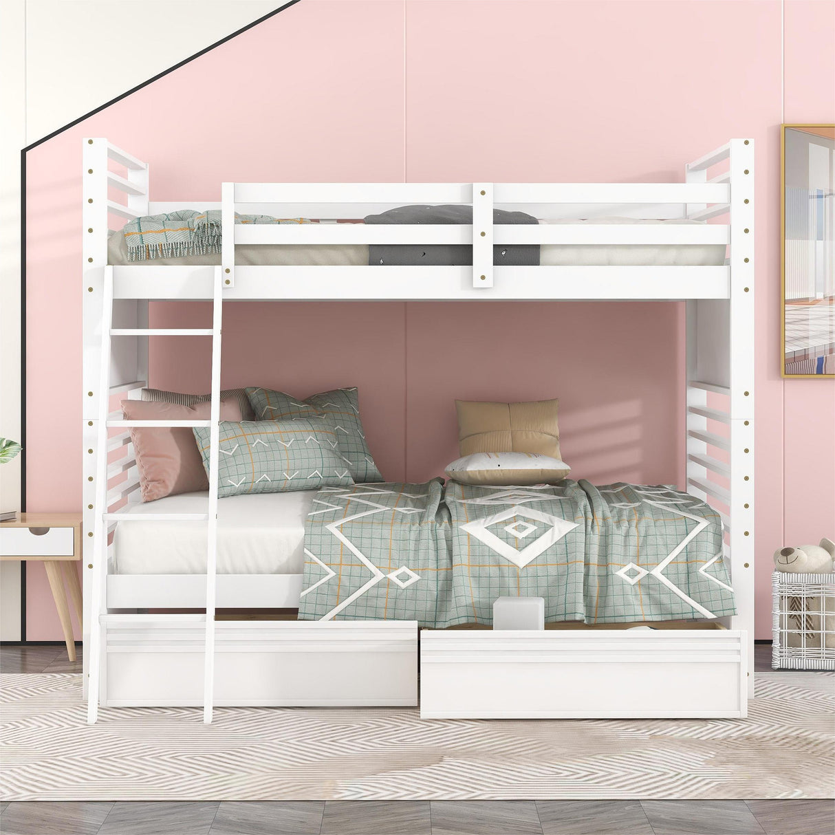 Twin over Twin Wood Bunk Bed with Two Drawers - White - Home Elegance USA