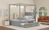 Queen Size Canopy Platform Bed with Twin Size Trundle and Three Storage Drawers,Gray - Home Elegance USA