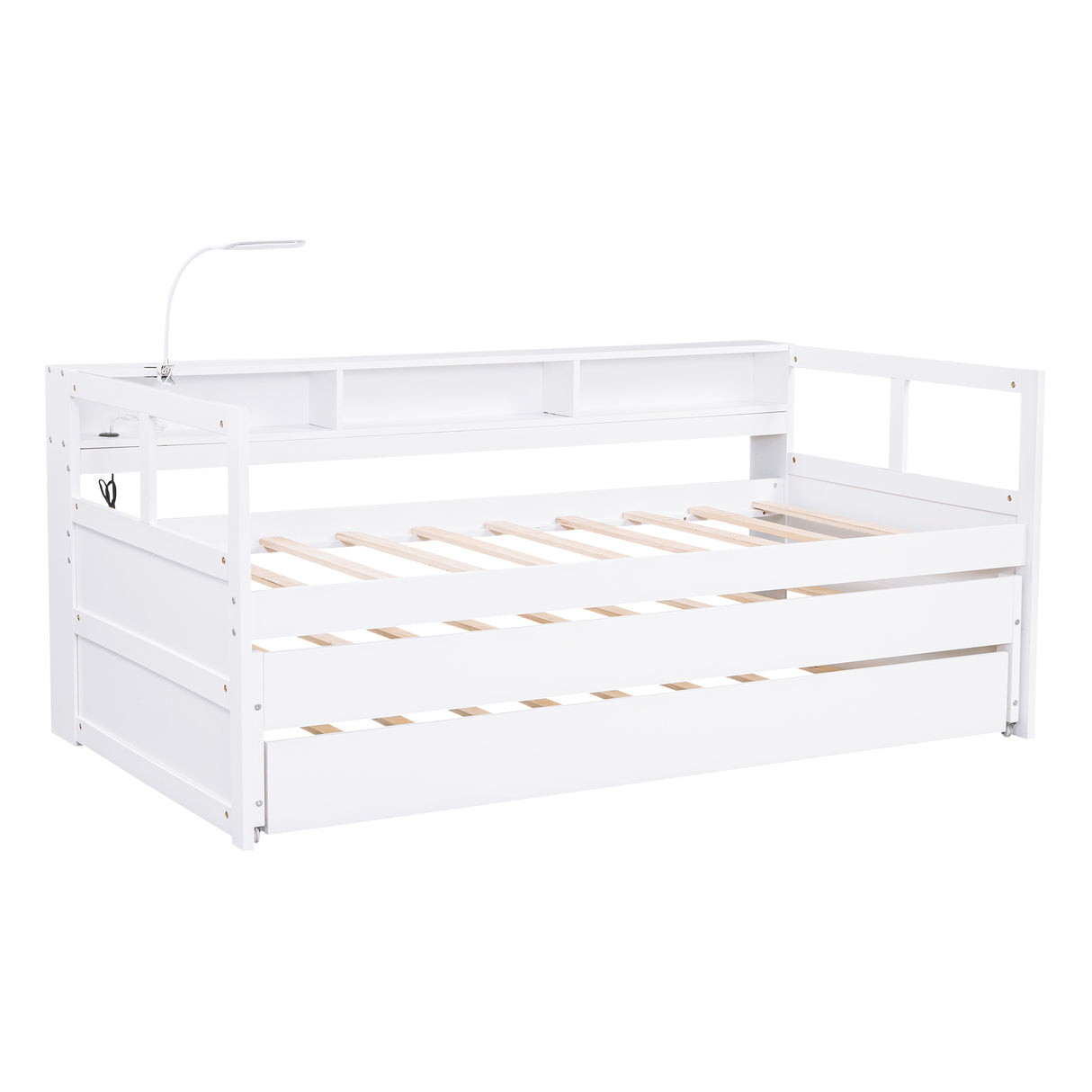 Twin XL Wood Daybed with 2 Trundles, 3 Storage Cubbies, 1 Light for Free and USB Charging Design, White - Home Elegance USA