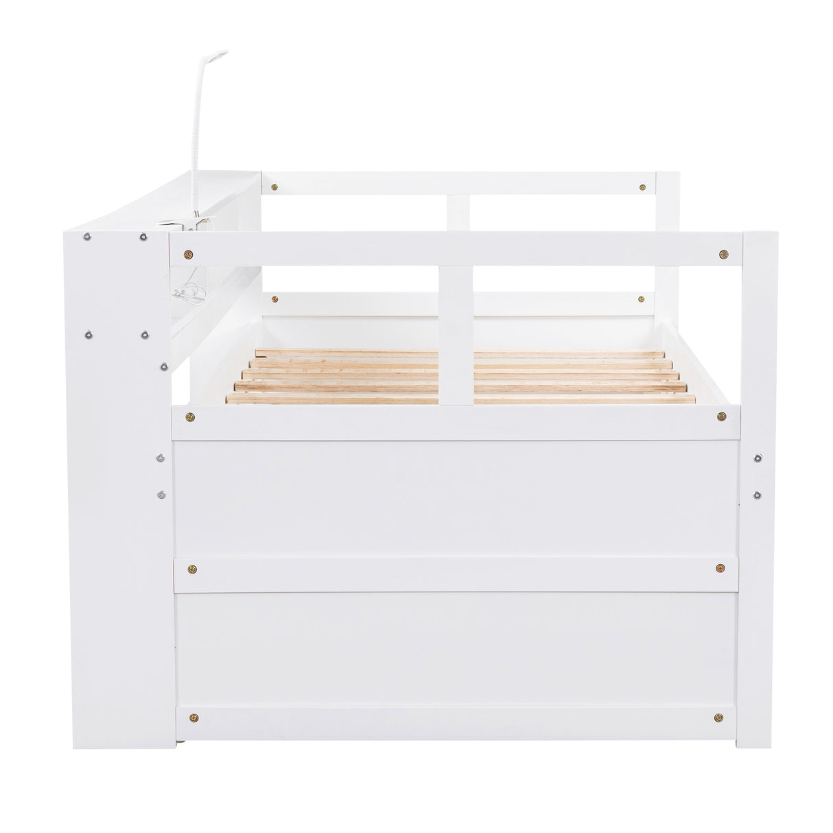 Twin XL Wood Daybed with 2 Trundles, 3 Storage Cubbies, 1 Light for Free and USB Charging Design, White - Home Elegance USA