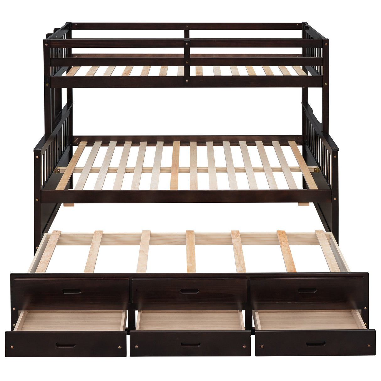 Twin-Over-Full Bunk Bed with Twin size Trundle , Separable Bunk Bed with Drawers for Bedroom - Espresso - Home Elegance USA