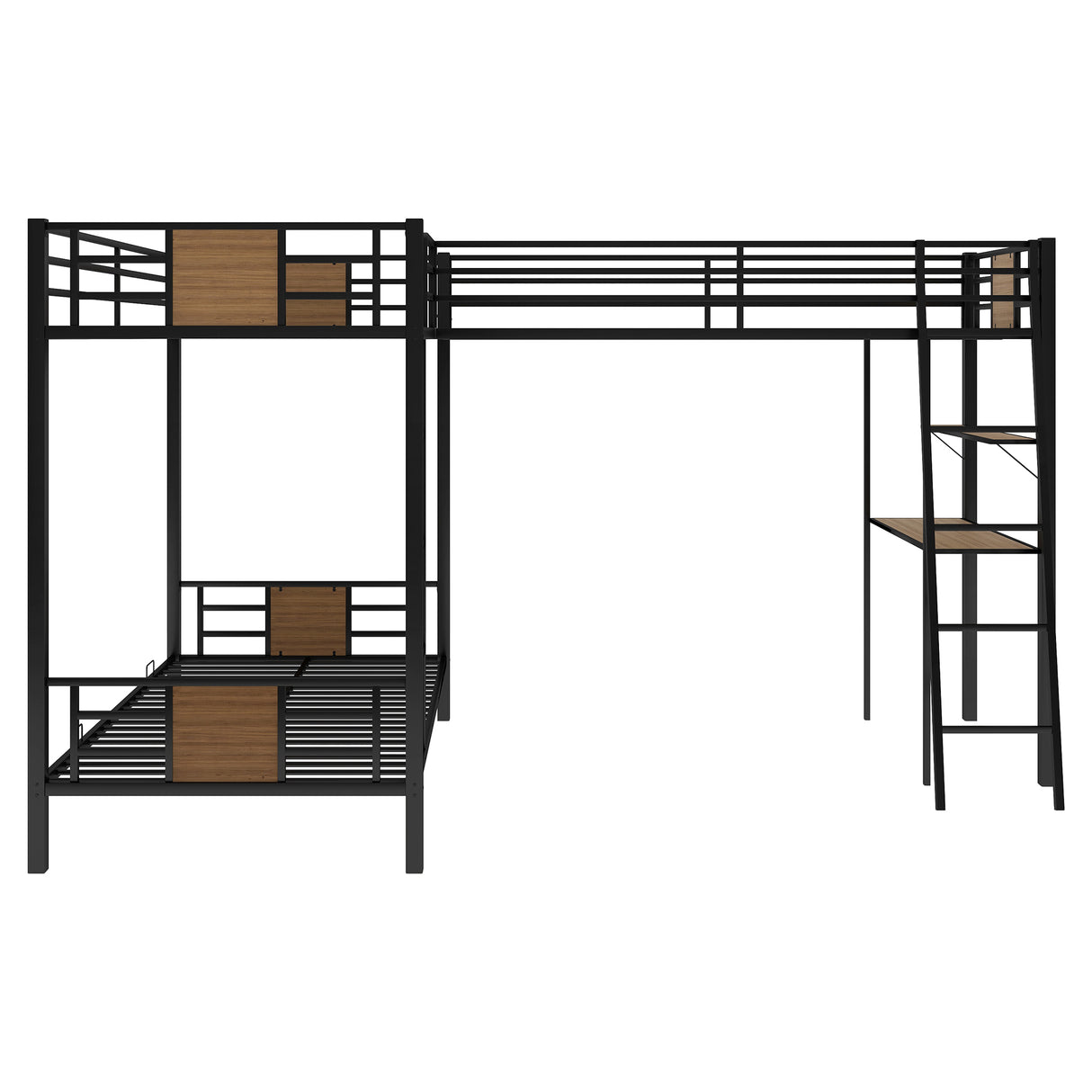 L-Shaped Twin over Twin Bunk Bed with Twin Size Loft Bed with Desk and Shelf ,Brown - Home Elegance USA