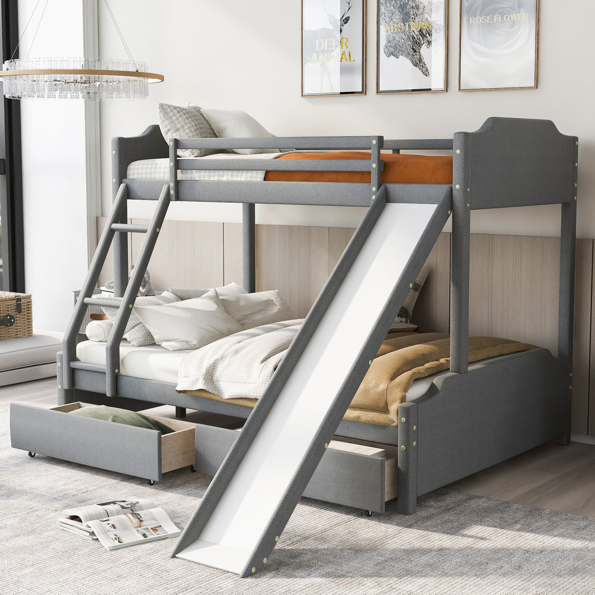 Twin over Full Size Upholstery Bunk Bed with Two Drawers and Slide,Convertible Slide and Ladder, Headboard and Footboard,Grey - Home Elegance USA