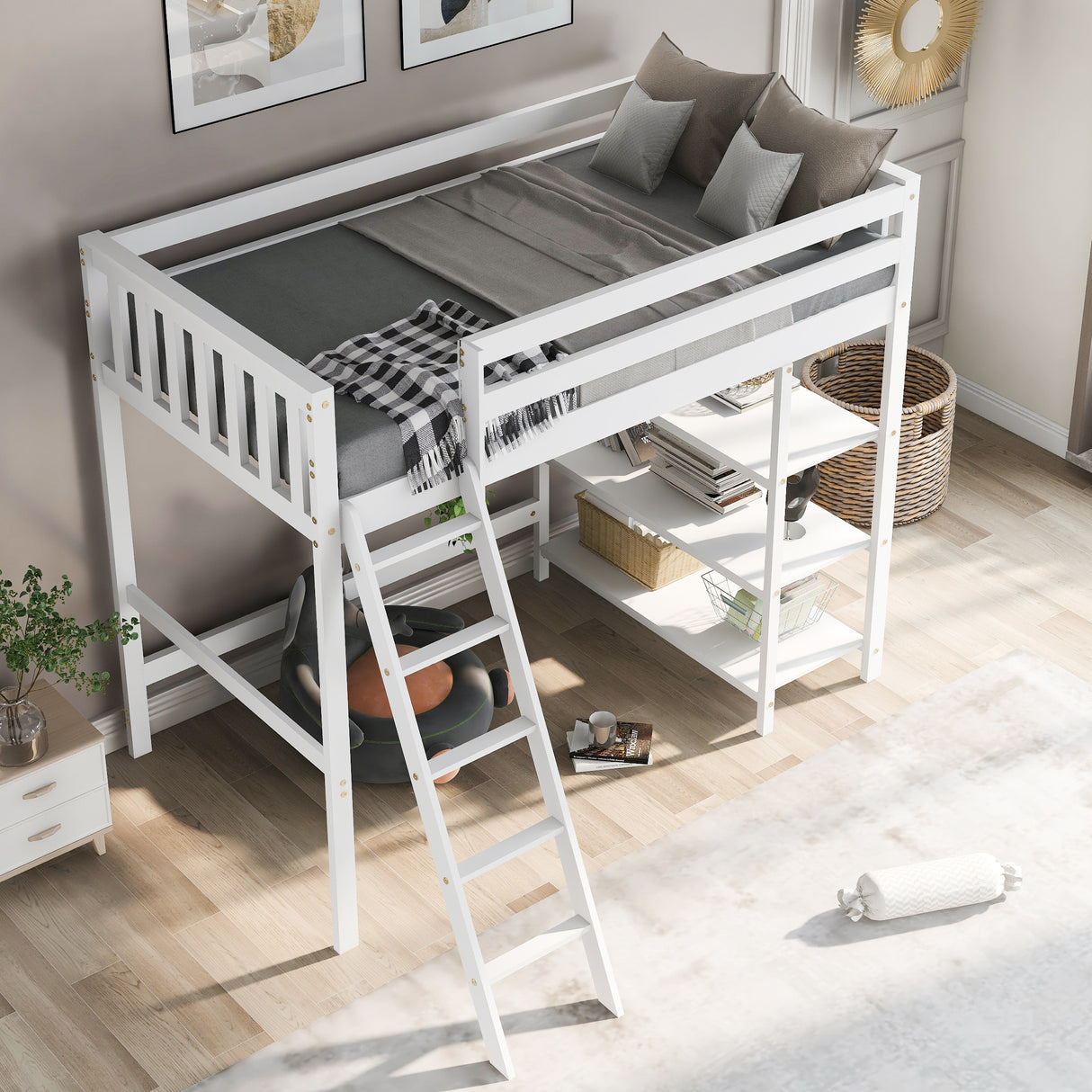 Loft Bed with Storage Shelves, Pine Wooden Loft Bed , No Box Spring Needed,Twin,White - Home Elegance USA