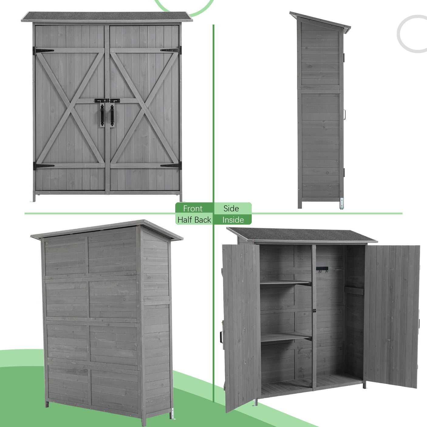 56”L x 19.5”W x 64”H Outdoor Storage Shed with Lockable Door, Wooden Tool Storage Shed w/Detachable Shelves & Pitch Roof,Gray