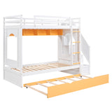 Twin Over Twin Bunk Bed with Trundle ,Stairs,Ladders Solid Wood Bunk bed with Storage Cabinet （White + Yellow） - Home Elegance USA