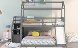 Twin over Full House Bunk Bed with Convertible Slide and Storage Staircase,Full-Length Guardrail,Gray - Home Elegance USA