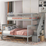 Twin over Full Stairway Bunk Bed with Storage, Gray - Home Elegance USA