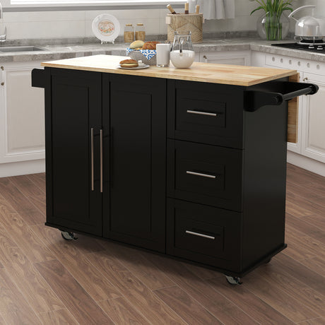 Kitchen Island with Spice Rack, Towel Rack and Extensible Solid Wood Table Top-Black - Home Elegance USA