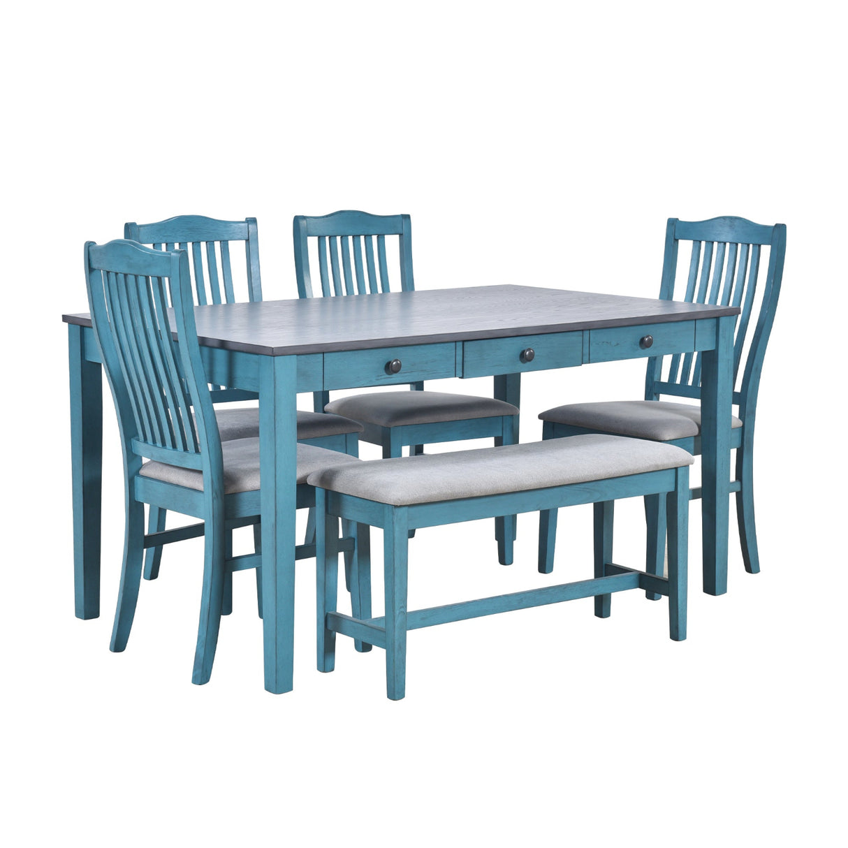 TOPMAX Mid-Century 6-Piece Wood Dining Table Set, Kitchen Table Set with Drawer, Upholstered Chairs and Bench, Antique Blue - Home Elegance USA