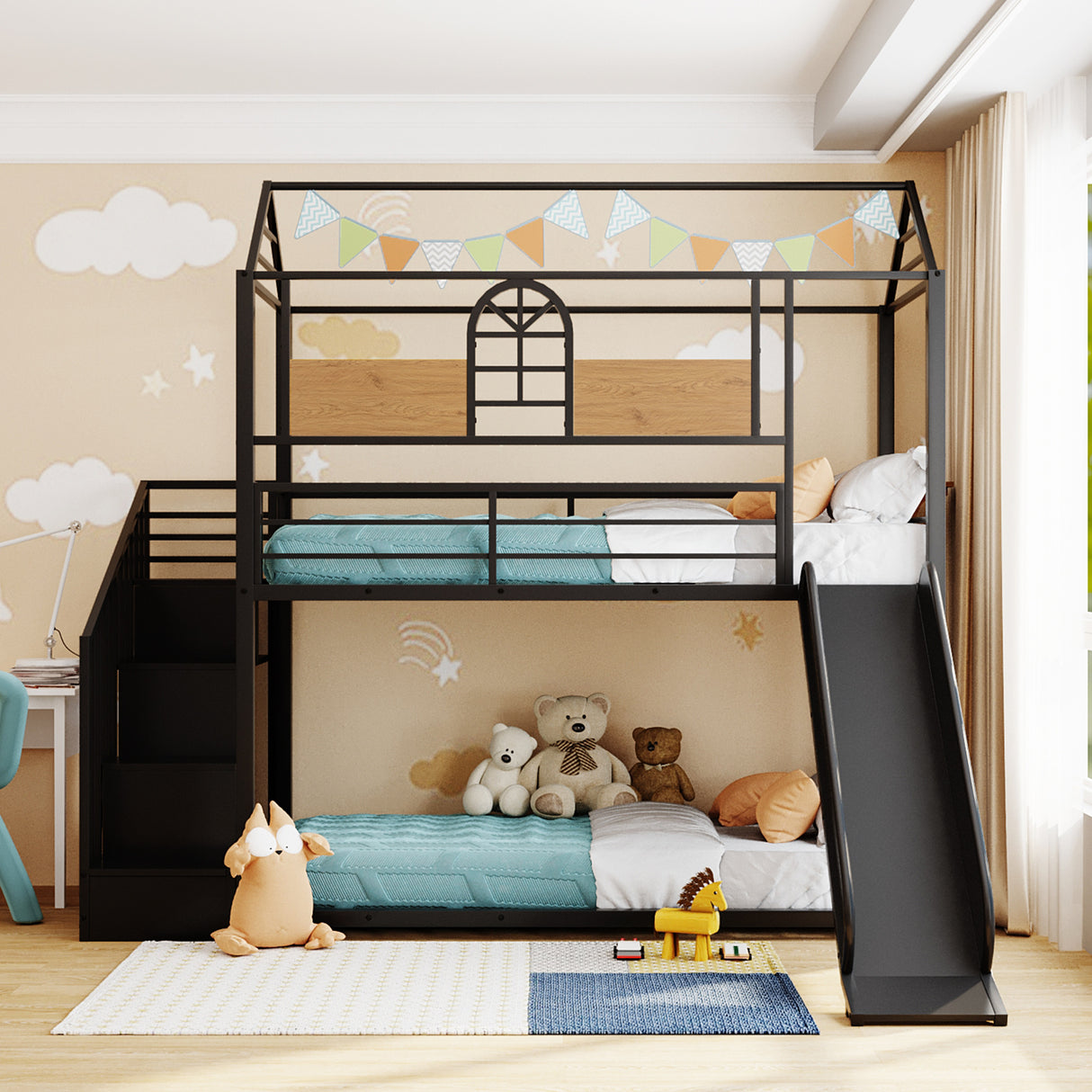 Twin Over Twin Metal Bunk Bed ,Metal Housebed with Slide and Storage Stair,Black with Black Slide(OLD SKU:LP000195AAB) - Home Elegance USA