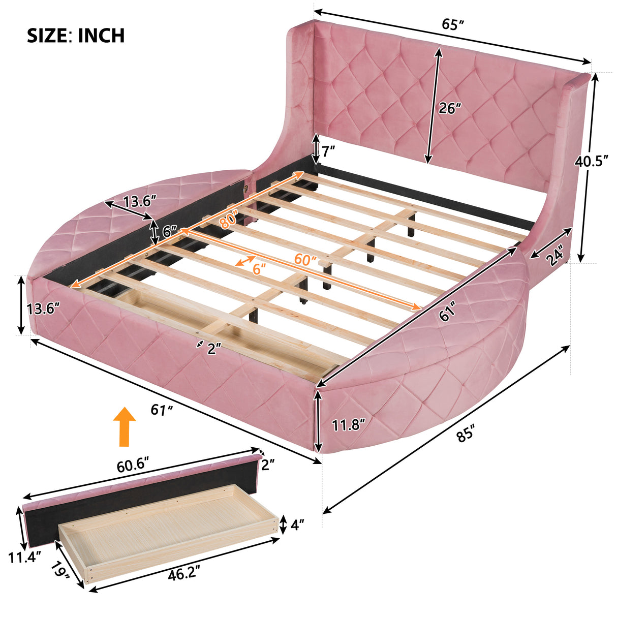 Upholstered Platform Bed Queen Size Storage Velvet Bed with Wingback Headboard and 1 Big Drawer,2 Side Storage Stool(Pink) - Home Elegance USA