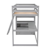 Twin Size Loft Bed with Desk and Shelves, Two Built-in Drawers, Gray(old SKU: GX000803AAE-1） - Home Elegance USA