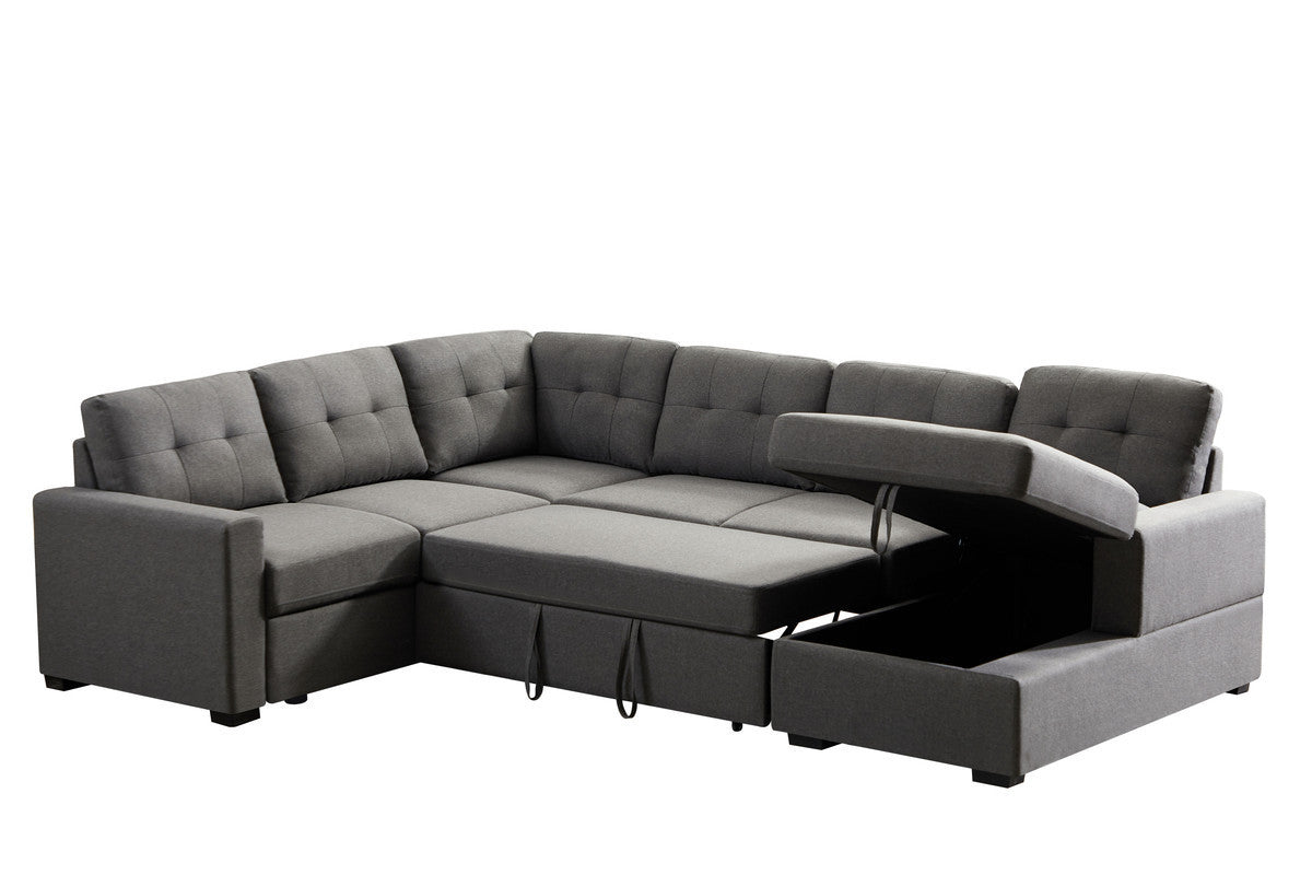 Selene Dark Gray Linen Fabric Sleeper Sectional Sofa with Storage Chaise - Home Elegance USA