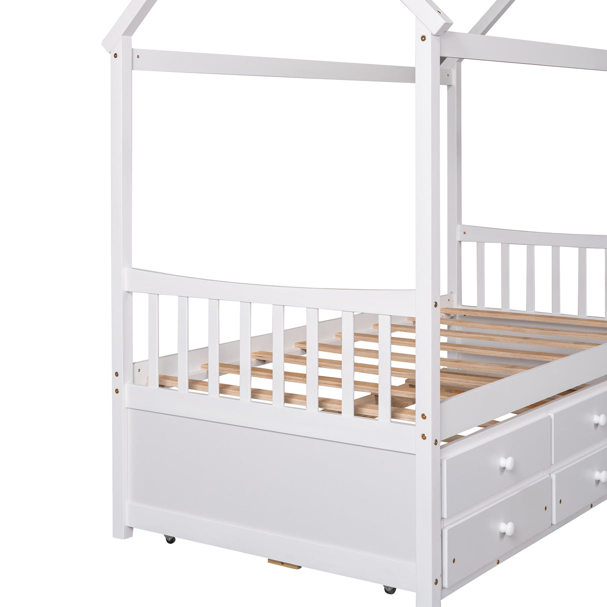 Twin size Wooden House Bed with Trundle and 3 Storage Drawers-White - Home Elegance USA