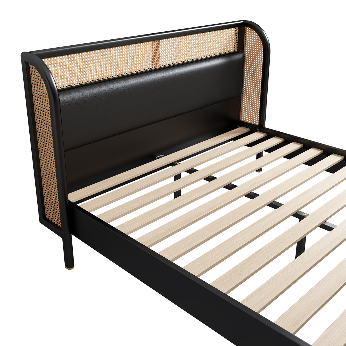 Modern Cannage Rattan Wood Platform Queen Bed, Black Home Elegance USA