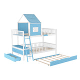 Full over Full Bunk Bed with Twin Size Trundle , Farmhouse Bed with Storage Box and Drawer - Blue - Home Elegance USA