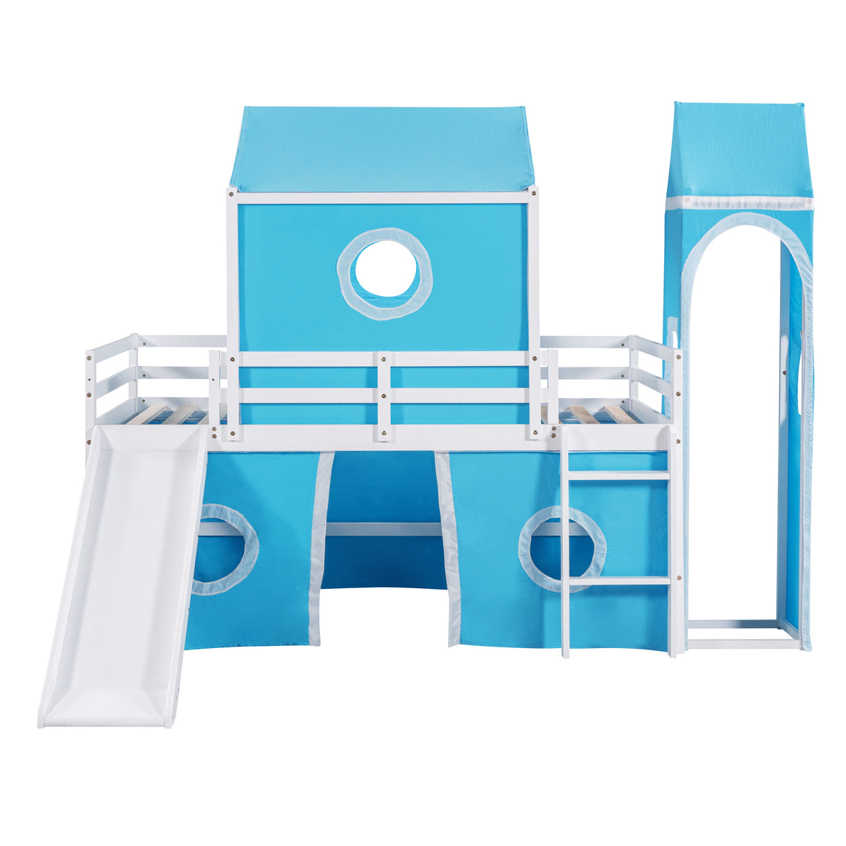 Twin Size Bunk Bed with Slide Blue Tent and Tower - Blue - Home Elegance USA